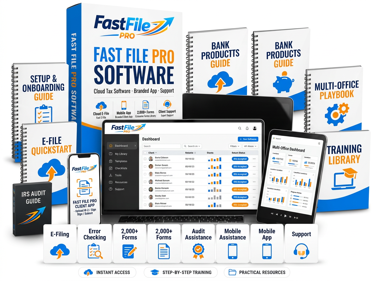 Fast File Pro cloud tax software bundle — dashboard, branded mobile app, guides and training